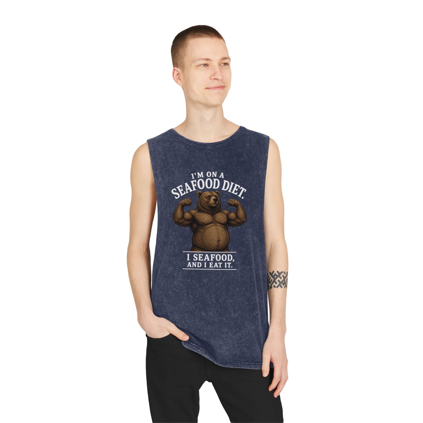 Seafood Diet Tank Top — Funny Bear 'I’m on a Seafood Diet, I Seafood and I Eat It' Stonewash Muscle Tee