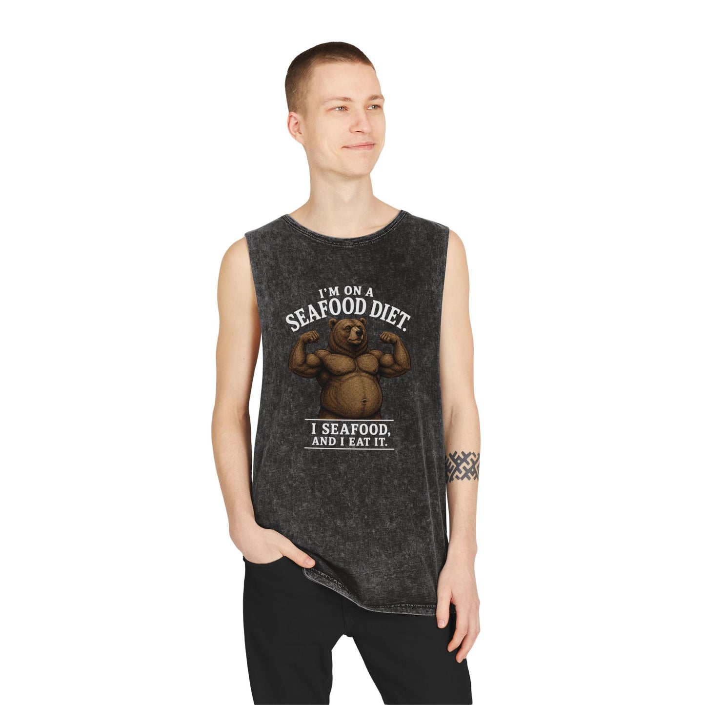 Seafood Diet Tank Top — Funny Bear 'I’m on a Seafood Diet, I Seafood and I Eat It' Stonewash Muscle Tee