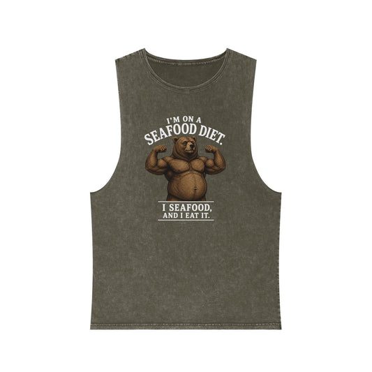Seafood Diet Tank Top — Funny Bear 'I’m on a Seafood Diet, I Seafood and I Eat It' Stonewash Muscle Tee