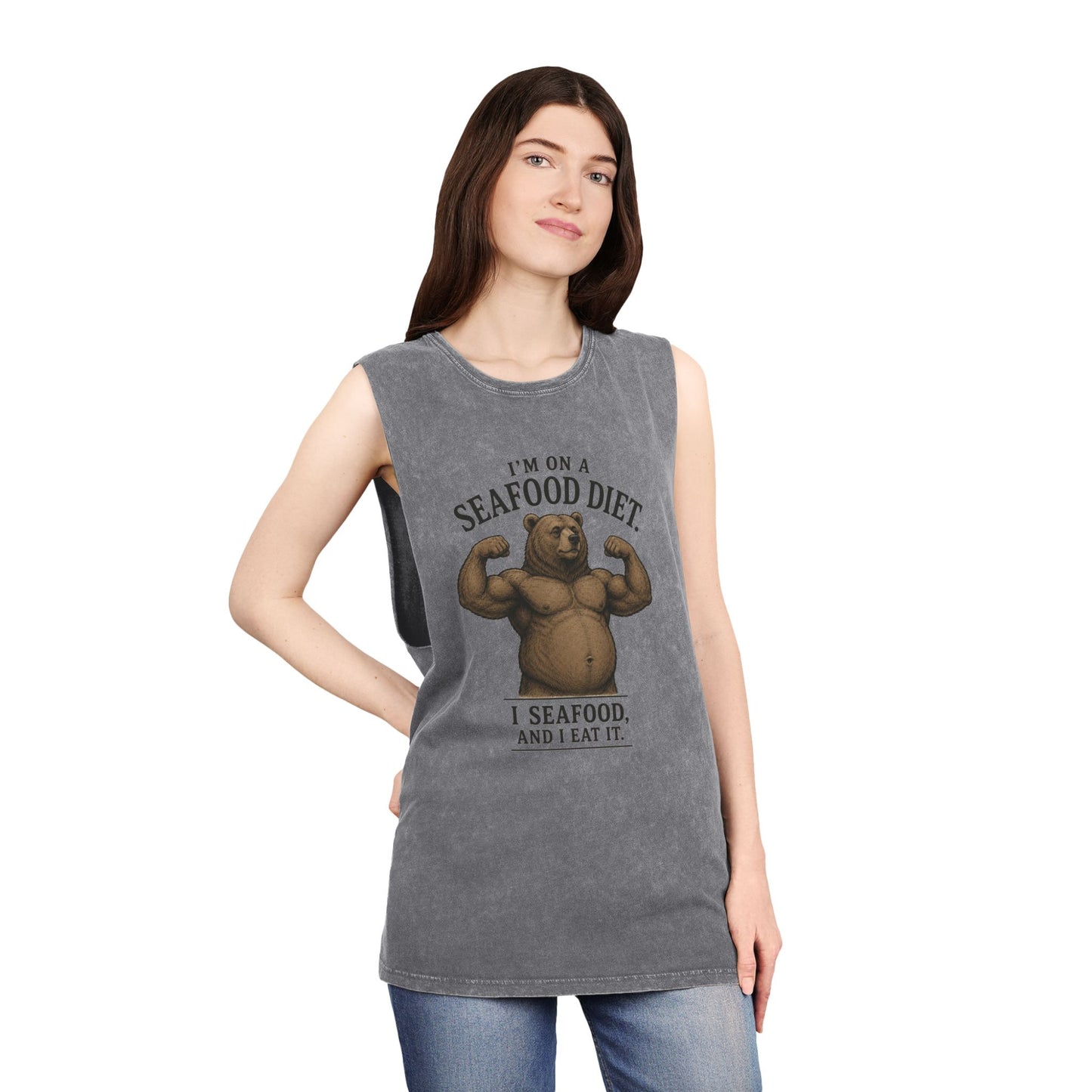 Seafood Diet Tank Top — Funny Bear 'I’m on a Seafood Diet, I Seafood and I Eat It' Stonewash Muscle Tee