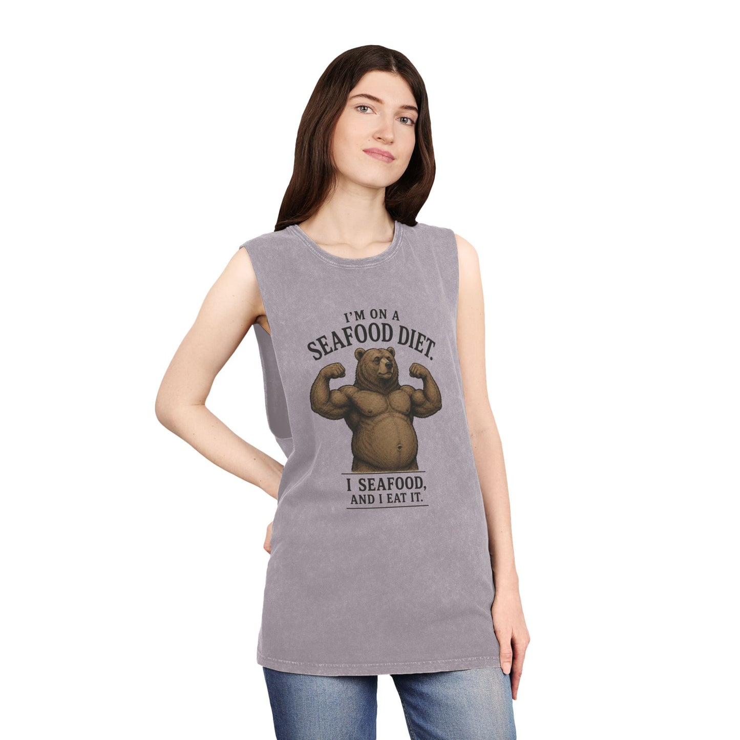 Seafood Diet Tank Top — Funny Bear 'I’m on a Seafood Diet, I Seafood and I Eat It' Stonewash Muscle Tee
