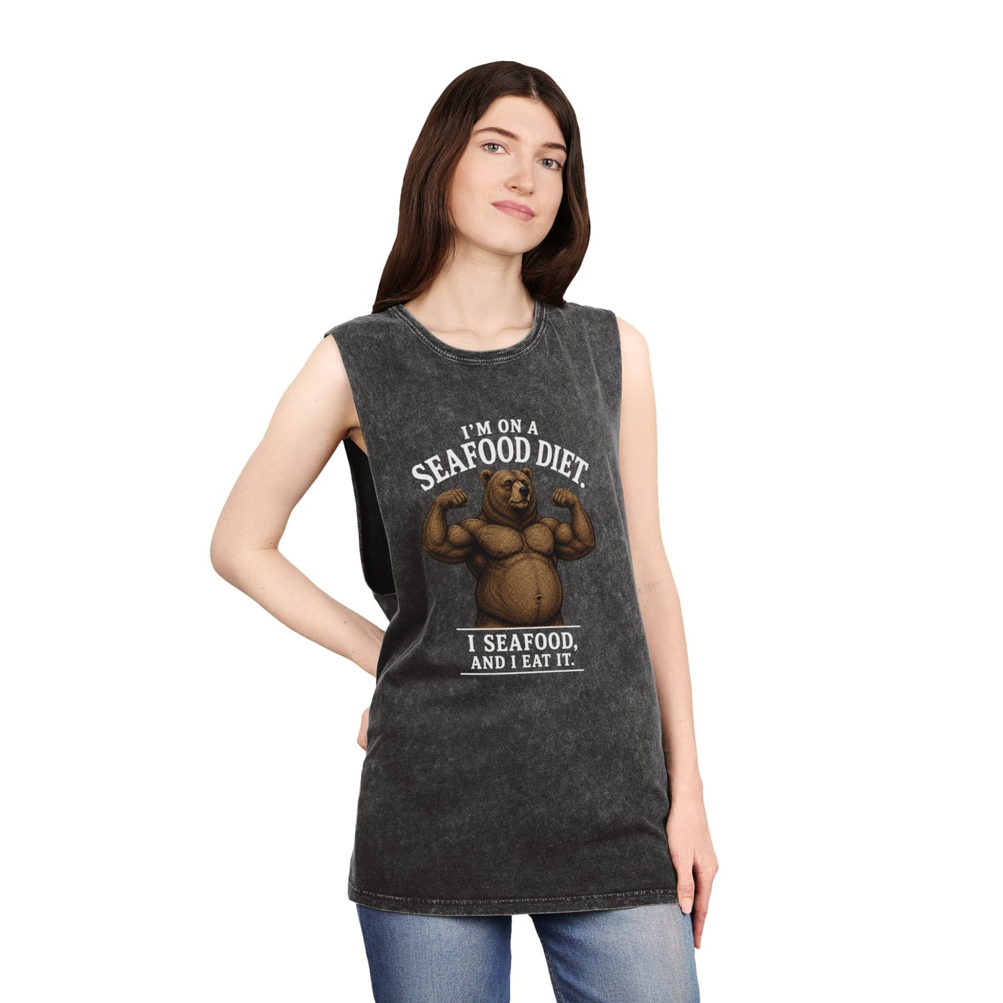 Seafood Diet Tank Top — Funny Bear 'I’m on a Seafood Diet, I Seafood and I Eat It' Stonewash Muscle Tee