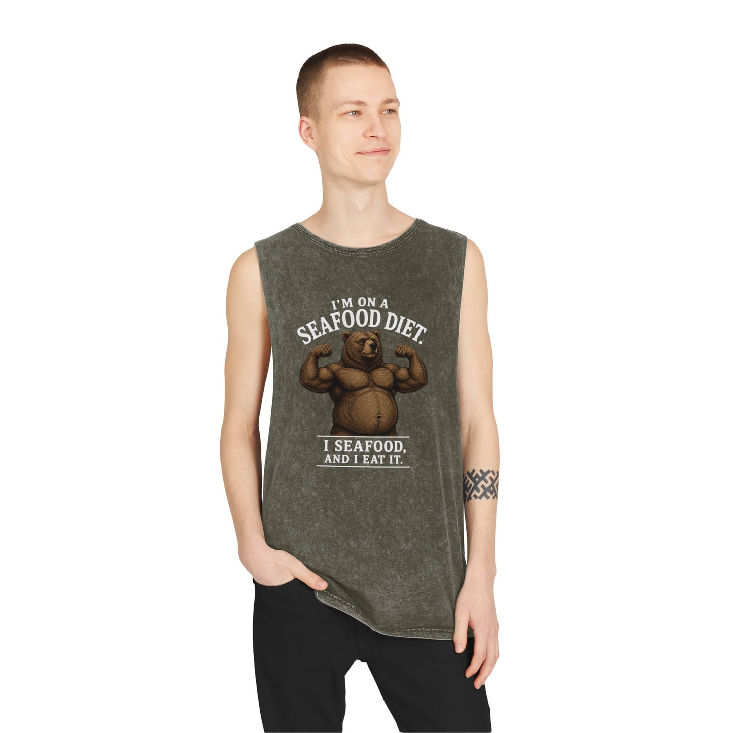 Seafood Diet Tank Top — Funny Bear 'I’m on a Seafood Diet, I Seafood and I Eat It' Stonewash Muscle Tee