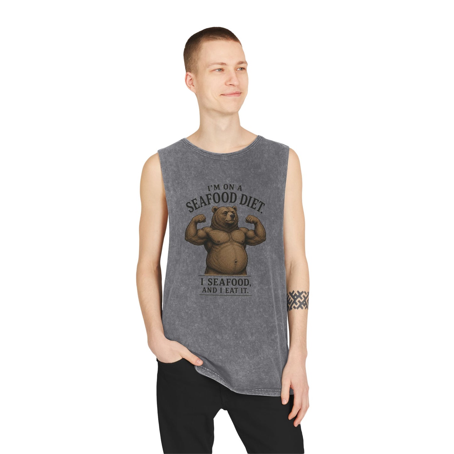 Seafood Diet Tank Top — Funny Bear 'I’m on a Seafood Diet, I Seafood and I Eat It' Stonewash Muscle Tee