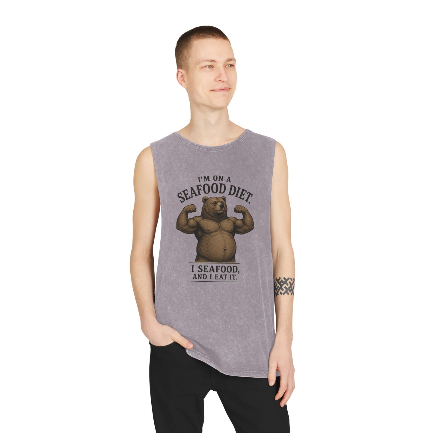 Seafood Diet Tank Top — Funny Bear 'I’m on a Seafood Diet, I Seafood and I Eat It' Stonewash Muscle Tee