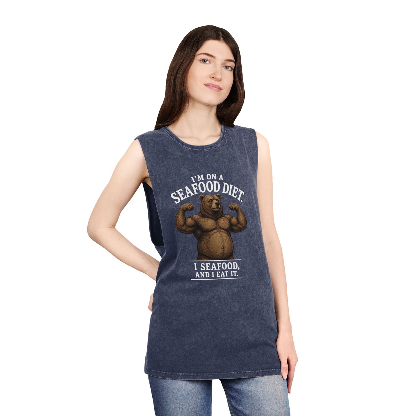 Seafood Diet Tank Top — Funny Bear 'I’m on a Seafood Diet, I Seafood and I Eat It' Stonewash Muscle Tee