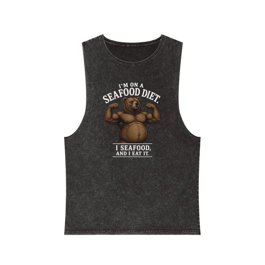 Seafood Diet Tank Top — Funny Bear 'I’m on a Seafood Diet, I Seafood and I Eat It' Stonewash Muscle Tee