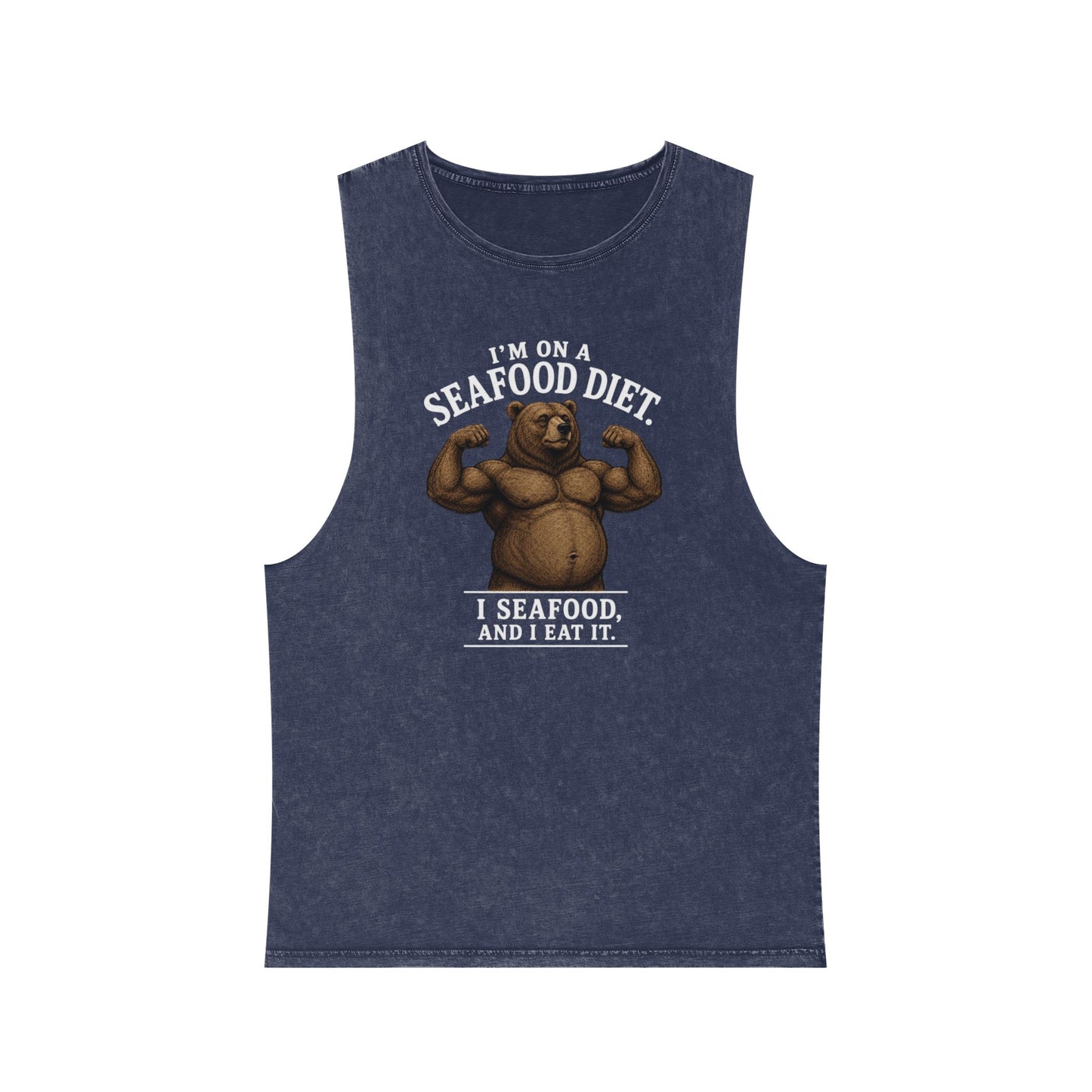 Seafood Diet Tank Top — Funny Bear 'I’m on a Seafood Diet, I Seafood and I Eat It' Stonewash Muscle Tee