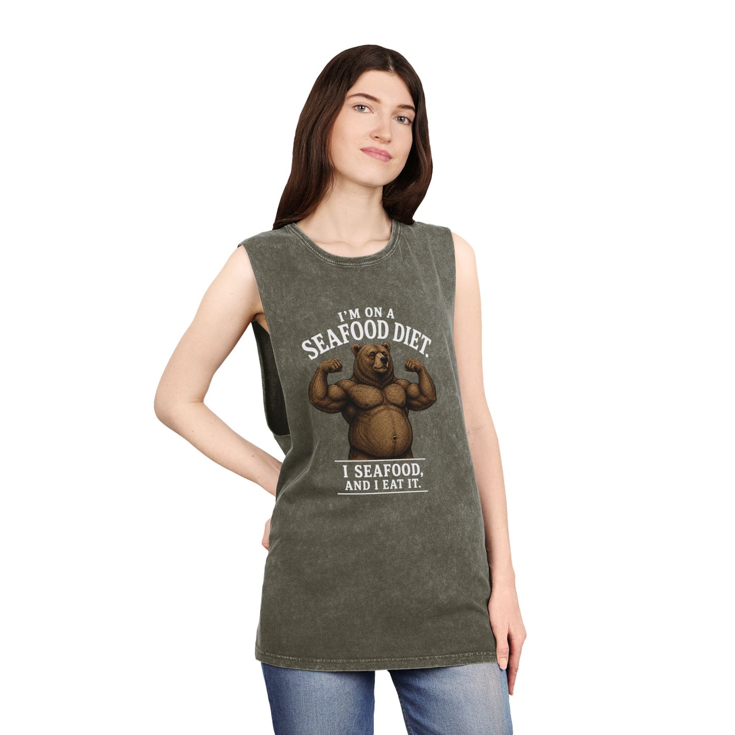 Seafood Diet Tank Top — Funny Bear 'I’m on a Seafood Diet, I Seafood and I Eat It' Stonewash Muscle Tee
